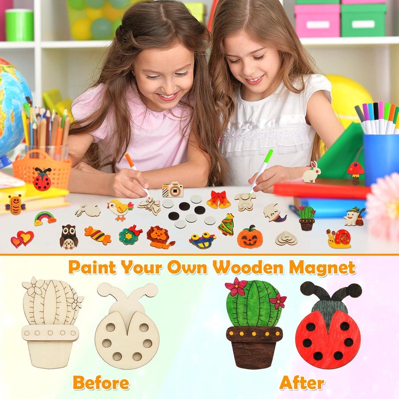 Worgree 48 Pcs DIY Wooden Magnets, Wooden Art Craft Supplies Painting Kit for Kids Ages 4-8 8-12 Glow in The Dark Party Favors Goodie Bag Stuffers Birthday Gifts Toys for Boys Girls - Image 3